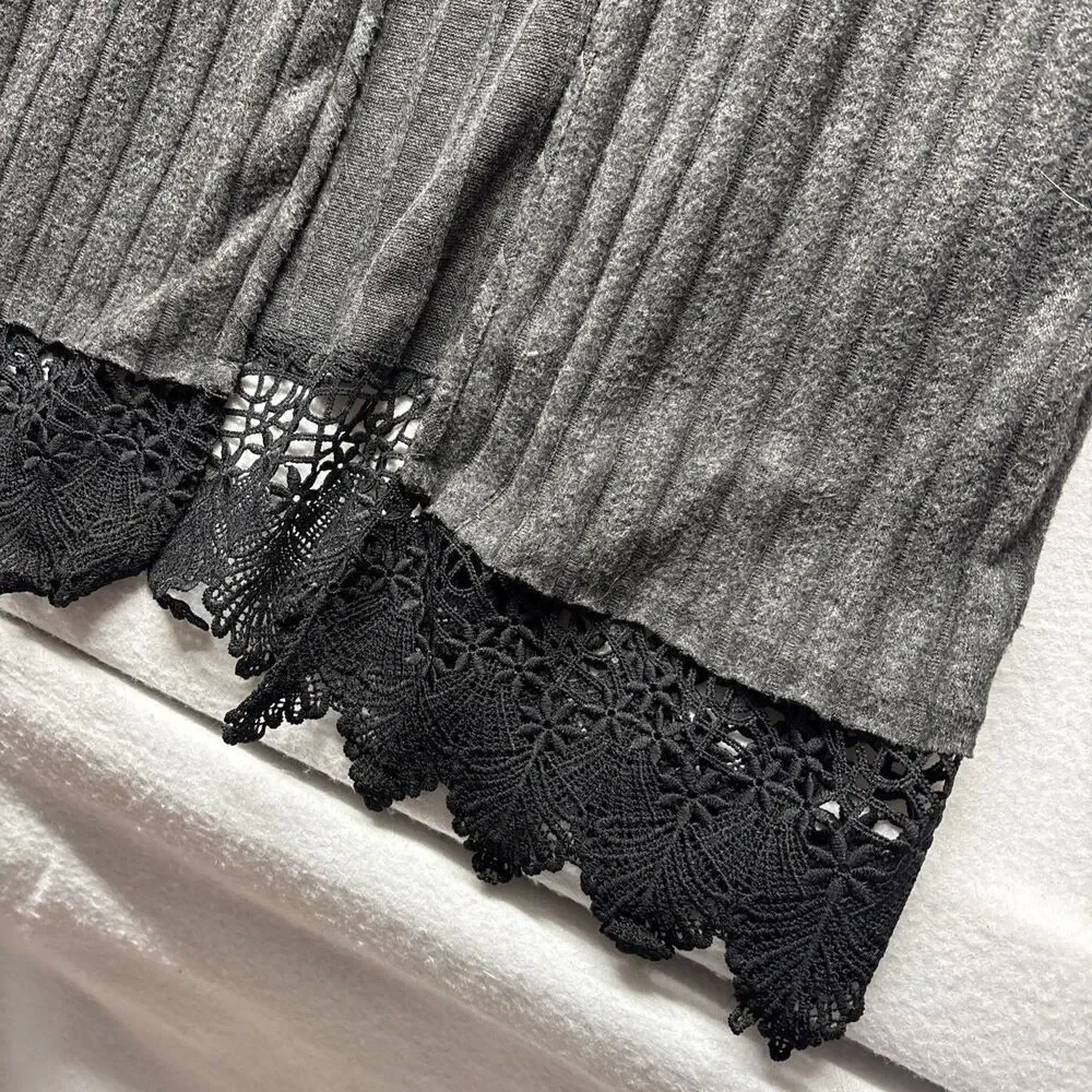 Altar'd State Gray Ribbed Lace Trim Open Front Cardigan Long Sleeve Boho Small